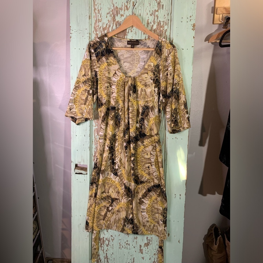 Women’s Dana Buchman yellow brown midi scoop neck tie back 3/4 sleeve dress sz S